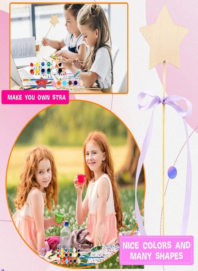 Feradny 92 Pcs Unfinished Star Princess Fairy Wands Kit Make Your Own Princess Wand DIY Art Craft Magical Wand Include 36 Star Wooden Fairy Wands 18 Gem Stickers 36 Ribbons 2 Markers for Kids Party Supplies - Image 3